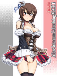 Rule 34 | 1girl, birthday, black thighhighs, blush, breasts, brown hair, cleavage, closed mouth, corset, girls und panzer, gluteal fold, happy birthday, large breasts, looking at viewer, microskirt, nishizumi maho, no panties, oosaka kanagawa, short hair, simple background, skindentation, skirt, solo, thighhighs