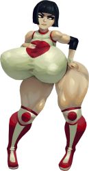 Rule 34 | 1girl, bare shoulders, black eyes, black hair, blunt bangs, boots, breasts, closed mouth, covered erect nipples, elbow pads, huge breasts, knee boots, leaning forward, lips, looking to the side, noonun, short hair, sleeveless, solo, standing, street fighter, street fighter v, thick thighs, thighs, transparent background, wide hips, wristband, yamato nadeshiko (street fighter)