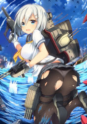 Rule 34 | 10s, 1girl, aircraft, airplane, ass, battle, black pantyhose, blue eyes, blush, breasts, cannon, female focus, gloves, hair ornament, hairclip, hamakaze (kancolle), jianren, kantai collection, large breasts, looking at viewer, looking back, open mouth, panties, panties under pantyhose, pantyhose, school uniform, serafuku, short hair, silver hair, skirt, solo, torn clothes, torn pantyhose, torpedo, underwear, water, white gloves