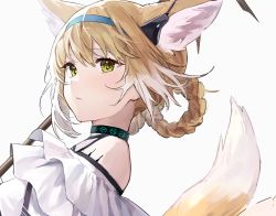 Rule 34 | 1girl, absurdres, animal ears, arknights, bare shoulders, blonde hair, blue hoodie, braid, braided hair rings, closed mouth, collar, earpiece, fox ears, fox girl, fox tail, from side, green eyes, hair rings, highres, hood, hoodie, infection monitor (arknights), layered clothes, looking at viewer, looking to the side, multicolored hair, multiple tails, ryat, short hair, simple background, solo, staff, suzuran (arknights), tail, two-tone hair, upper body, white background, white hair
