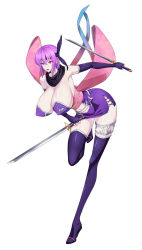 Rule 34 | 1girl, ayane (doa), bow, breasts, cleavage, dead or alive, dual wielding, fingerless gloves, gloves, headband, highres, holding, huge breasts, large bow, lipstick, makeup, ninja, ninja gaiden, open mouth, purple hair, scarf, short hair, sleeveless, static808wave, sword, thighhighs, wakizashi, weapon, white background