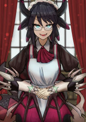 Rule 34 | 1girl, absurdres, adeshi (adeshi0693119), apron, black hair, commentary request, curtains, dragon girl, dragon horns, dragon tail, dragon wings, duel monster, glasses, highres, horns, house dragonmaid, low wings, neckerchief, open mouth, own hands together, short hair, solo, tail, window, wings, yu-gi-oh!
