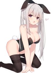 Rule 34 | 1girl, all fours, animal ears, ass, bare shoulders, black pantyhose, blush, breasts, cleavage, collarbone, commentary request, fake animal ears, foot out of frame, heart, highres, large breasts, leotard, long hair, looking at viewer, memekko, open mouth, original, pantyhose, playboy bunny, purple eyes, rabbit ears, rabbit tail, sidelocks, silver hair, simple background, solo, tail, thighs, twintails, very long hair, white background