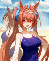 Rule 34 | 2girls, animal ears, bare arms, bare shoulders, blue one-piece swimsuit, blue sky, bottle, breasts, brown hair, cloud, collarbone, commentary request, daiwa scarlet (umamusume), day, hair between eyes, hair intakes, hand on own hip, horse ears, k k s k, large breasts, long hair, multiple girls, one-piece swimsuit, open mouth, outdoors, red eyes, sky, swimsuit, tiara, twintails, umamusume, very long hair, vodka (umamusume), water bottle