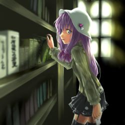 Rule 34 | 1girl, alternate costume, blue eyes, book, contemporary, female focus, garter straps, green shirt, hat, library, long hair, patchouli knowledge, purple hair, ribbon, shirt, skirt, solo, ssi, sweater, thighhighs, touhou, zettai ryouiki