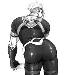 Rule 34 | 1boy, achilles (fate), arm support, artist name, ass, ass focus, bad id, bad twitter id, bodysuit, fate/apocrypha, fate (series), from behind, gloves, greyscale, kitano gori, male focus, monochrome, short hair, short sleeves, simple background, undercut, white background