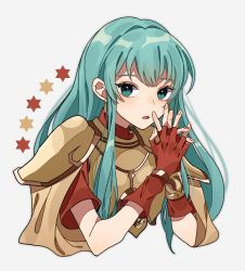 Rule 34 | 1girl, aqua hair, armor, bad id, bad twitter id, blue eyes, breastplate, earrings, eirika (fire emblem), fingerless gloves, fire emblem, fire emblem: the sacred stones, gloves, grey background, jewelry, long hair, nintendo, own hands together, pikapika hoppe, red gloves, short sleeves, simple background, solo, upper body