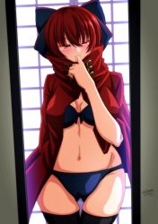 Rule 34 | 1girl, black thighhighs, blue bow, blue panties, blush, bow, breasts, cape, cleavage, commentary request, dated, hair bow, high collar, large breasts, looking at viewer, navel, one eye closed, panties, red cape, red eyes, red hair, sekibanki, shiny skin, short hair, shouji, signature, sliding doors, smile, solo, standing, stomach, tatsuya (guild plus), thighhighs, thighs, touhou, underwear, upper body