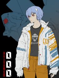 Rule 34 | 1girl, absurdres, alternate costume, angel, ayanami rei, black background, blue hair, brown pants, ching yeh, closed mouth, denim, eva 00, grey shirt, hair ornament, hairclip, highres, jacket, jeans, long sleeves, looking to the side, mecha, neon genesis evangelion, pants, print shirt, red eyes, robot, shirt, short hair, simple background, solo, standing, translation request, upper body, white jacket, zeruel (evangelion), zipper