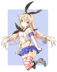 Rule 34 | anchor hair ornament, bad id, bad twitter id, black hairband, black panties, blonde hair, blue background, blue skirt, border, breasts, closed mouth, commentary request, crop top, elbow gloves, full body, gloves, grey eyes, hair ornament, hairband, highleg, highleg panties, highres, kantai collection, long hair, microskirt, miniskirt, panties, rudder footwear, sailor collar, school uniform, serafuku, shimakaze (kancolle), shiosoda, skirt, small breasts, striped clothes, striped legwear, striped thighhighs, thighhighs, thong, underwear, white border, white gloves