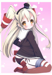 Rule 34 | 10s, 1girl, 3:, 3:&lt;, amatsukaze (kancolle), ass, black panties, brown eyes, dress, hair tubes, hairband, highres, kantai collection, long hair, looking at viewer, panties, sailor dress, school uniform, serafuku, short dress, side-tie panties, silver hair, sitting, solo, striped clothes, striped thighhighs, thighhighs, two side up, underwear, v-shaped eyebrows, zefa (neoaltemice)