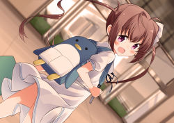 Rule 34 | 10s, 1girl, :d, animal bag, backpack, bag, blurry, blurry background, blush, bow, brown hair, commentary request, cowboy shot, depth of field, dress, fang, hair between eyes, hair bow, highres, holding, long hair, looking at viewer, looking back, momochi tamate, mousou (mousou temporary), open mouth, puffy short sleeves, puffy sleeves, purple eyes, sailor collar, sailor dress, short sleeves, sidelocks, slow start, smile, solo, twintails, very long hair, white bow, white dress, white sailor collar
