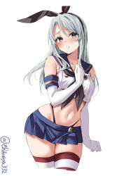 Rule 34 | 1girl, black neckerchief, black panties, blue eyes, blue sailor collar, blue skirt, blush, breasts, collarbone, cosplay, cropped legs, cropped shirt, ebifurya, elbow gloves, furrowed brow, gloves, gluteal fold, grey hair, hand on own chest, hand up, highleg, highleg panties, highres, kantai collection, leaning to the side, long hair, looking at viewer, navel, neckerchief, one-hour drawing challenge, panties, parted lips, pleated skirt, raised eyebrows, sagiri (kancolle), sailor collar, shimakaze (kancolle), shimakaze (kancolle) (cosplay), shirt, simple background, skirt, sleeveless, sleeveless shirt, small breasts, solo, striped clothes, striped thighhighs, thigh gap, thighhighs, thighs, twitter username, underwear, white background, white gloves, white shirt, wide hips