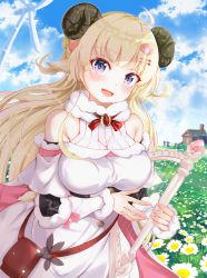 Rule 34 | 1girl, absurdres, blonde hair, breasts, cloud, commentary, detached sleeves, hair ornament, hairclip, harp, highres, hololive, horns, instrument, large breasts, long hair, looking at viewer, open mouth, sheep, sheep horns, sky, smile, solo, tsunomaki watame, tsunomaki watame (1st costume), virtual youtuber, wool