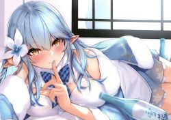 Rule 34 | 1girl, ahoge, blue hair, blue nails, blush, bottle, bow, bowtie, braid, breasts, coat, dean (momodean), elbow rest, elf, finger to mouth, flower, hair flower, hair ornament, highres, hololive, large breasts, light blue hair, long hair, lying, nail polish, non-web source, on side, pointy ears, sake bottle, shushing, smile, solo, twin braids, virtual youtuber, window, yellow eyes, yukihana lamy
