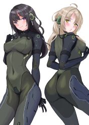 Rule 34 | 2girls, :o, ahoge, arm behind back, armor, armored bodysuit, ass, black hair, blonde hair, bodysuit, breasts, closed mouth, cowboy shot, from behind, goddess of victory: nikke, green bodysuit, hand on own chest, highres, long hair, mass-produced nikke, medium breasts, mole, mole under eye, multiple girls, purple eyes, ramuneogura, shoulder armor, simple background, skin tight, smile, v, white background, yellow eyes