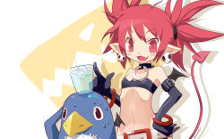 Rule 34 | 1girl, :3, bare shoulders, bat wings, belt, blush, charln, choker, demon tail, disgaea, elbow gloves, etna (disgaea), fang, flat chest, glass, gloves, hand on own hip, ice, ice cube, looking at viewer, midriff, navel, nippon ichi, open mouth, pointy ears, prinny, red eyes, red hair, short hair, tail, twintails, wings