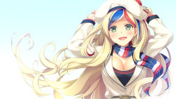 Rule 34 | 10s, 1girl, anchor hair ornament, belt, black hair, blonde hair, breasts, cleavage, coat, commandant teste (kancolle), commentary request, floating hair, gradient background, green eyes, hair ornament, hat, highres, holding, holding clothes, holding hat, imachireki, kantai collection, large breasts, lips, long hair, looking at viewer, multicolored clothes, multicolored hair, multicolored scarf, open mouth, red hair, scarf, shiny skin, solo, streaked hair, swept bangs, tongue, upper body, wavy hair, white coat, white hair