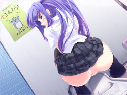 1girl anus ass blush censored female_focus highres looking_back no_panties original purple_hair pussy solo squat_toilet squatting toilet toilet_use torisan trash_can