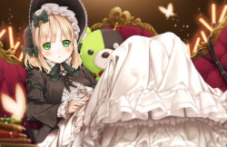 Rule 34 | 1girl, amamiya chiharu, bad id, bad pixiv id, black headwear, blonde hair, blush, bonnet, book, book stack, bow, bug, butterfly, couch, dress, female focus, gothic lolita, green eyes, hair bow, hairband, hat, bug, lolita fashion, lolita hairband, long dress, looking at viewer, original, red upholstery, ribbon, short hair, solo, stuffed animal, stuffed toy, teddy bear, white dress