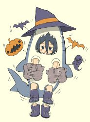 Rule 34 | 1girl, afterimage, animal costume, beige background, black footwear, black hair, black hat, blue eyes, blush stickers, boots, commentary request, fukada ichika, full body, hair between eyes, halloween, hand puppet, hat, highres, jack-o&#039;-lantern, looking at viewer, open mouth, original, puppet, shark costume, sharp teeth, simple background, solo, teeth, witch hat, yukimoto shuuji (gurigura)