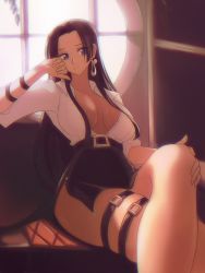 Rule 34 | 1girl, absurdres, alternate costume, belt, black hair, black skirt, blue eyes, boa hancock, breasts, collared shirt, couch, crossed legs, highres, large breasts, long hair, on couch, one piece, opalis, open clothes, pencil skirt, shirt, sitting, skirt, thigh strap, unbuttoned, white shirt, window