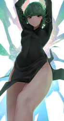 Rule 34 | 1girl, arms up, black dress, breasts, commentary request, dress, green eyes, green hair, highres, long sleeves, looking at viewer, medium breasts, one-punch man, senju (snz0), short hair, solo, tatsumaki, thighs