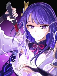 Rule 34 | 1girl, black background, breasts, bridal gauntlets, cleavage, commentary request, electricity, genshin impact, gradient background, highres, holding, holding sword, holding weapon, huangwanzi, japanese clothes, katana, kimono, long hair, looking at viewer, mole, mole under eye, musou isshin (genshin impact), nail polish, purple eyes, purple hair, purple kimono, purple nails, raiden shogun, solo, sword, upper body, very long hair, weapon