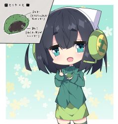 Rule 34 | 1girl, :d, animal ear headphones, animal ears, arrow (symbol), black hair, blue eyes, blush, breasts, collared shirt, commentary request, dress shirt, fake animal ears, floral background, food, green shirt, green skirt, green thighhighs, hair between eyes, headphones, headset, highres, holding, holding food, kyoumachi seika, long hair, long sleeves, medium breasts, milkpanda, open mouth, shirt, skirt, sleeves past wrists, smile, solo, sparkling eyes, thighhighs, translation request, voiceroid