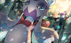 Rule 34 | back bow, bad id, bad pixiv id, bamboo, bamboo forest, black sky, blue eyes, bow, colored sclera, creatures (company), crystal, day, dutch angle, forest, from below, froslass, game freak, gen 4 pokemon, half-closed eyes, hands up, looking at viewer, looking down, moon, nature, night, night sky, nintendo, no humans, outdoors, pokemon, pokemon (creature), red bow, sash, sky, solo, tree, yellow sclera, yukifuri tsuyu