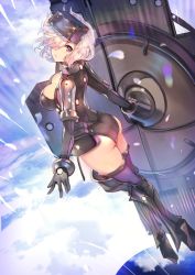 Rule 34 | 1girl, armor, armored boots, ass, black gloves, black leotard, black thighhighs, boots, breasts, cleavage, cloud, cloudy sky, day, fate/grand order, fate (series), floating, from side, full body, gloves, glowing, gorget, greaves, hair over one eye, head-mounted display, kneepits, legs together, leotard, light purple hair, looking at viewer, mash kyrielight, mash kyrielight (ortenaus), outdoors, parted lips, pauldrons, purple eyes, purple hair, purple thighhighs, shield, short hair, shoulder armor, sky, solo, teddy (khanshin), thighhighs, thighs