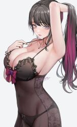 Rule 34 | 10 plus, 1girl, arm up, armpits, black hair, blush, bow, bowtie, bra, breasts, collarbone, colored inner hair, commission, earrings, eyelashes, flower, highres, jewelry, koinoya mai, lace, lace-trimmed bra, lace trim, large breasts, lingerie, long hair, looking at viewer, mole, mole under eye, multicolored hair, necklace, panties, ponytail, propro production, purple eyes, skeb commission, solo, two-tone hair, underwear, virtual youtuber