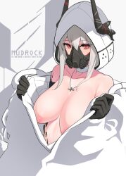 Rule 34 | 1girl, arknights, bare shoulders, black gloves, black horns, breasts, character name, collarbone, cross, cross necklace, gloves, highres, hood, horns, jewelry, jwthor, large breasts, looking at viewer, mask, material growth, medium hair, mouth mask, mudrock (arknights), necklace, nipples, oripathy lesion (arknights), red eyes, upper body, white hair
