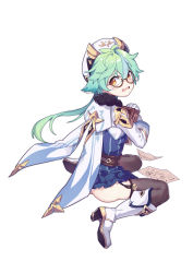 Rule 34 | 1girl, absurdres, animal ears, ass, belt, blue hair, blush, book, hugging book, boots, brown-framed eyewear, brown belt, brown thighhighs, fang, garter straps, genshin impact, glasses, gloves, green hair, grey headwear, high heel boots, high heels, highres, holding, holding book, light blue hair, light green hair, long hair, looking back, multicolored hair, hugging object, open mouth, outer glow, paper, sitting, solo, streaked hair, sucrose (genshin impact), tearing up, thighhighs, wariza, white footwear, white gloves, yellow eyes, yu xiu