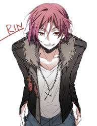 Rule 34 | 10s, 1boy, bad id, bad pixiv id, character name, cross, cross necklace, free!, grin, jacket, jaenbba, jewelry, looking at viewer, male focus, matsuoka rin, necklace, open clothes, open jacket, sharp teeth, smile, solo, teeth, white background