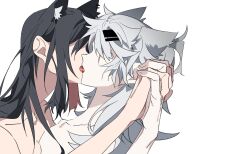 Rule 34 | 2girls, animal ears, arknights, black hair, chinese commentary, commentary request, french kiss, hair ornament, hairclip, highres, holding hands, interlocked fingers, kiss, lappland (arknights), long hair, molu stranger, multiple girls, nude, pale skin, scar, scar across eye, simple background, texas (arknights), tongue, upper body, white background, white hair, wolf ears, yuri