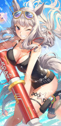 Rule 34 | 1girl, ;d, absurdres, animal ears, bare shoulders, belt, black one-piece swimsuit, blunt bangs, blush, breast press, breasts, casual one-piece swimsuit, cleavage, eyewear on head, gold ship (run revolt launcher) (umamusume), gold ship (umamusume), grey hair, grin, highres, holding, horse ears, horse girl, horse tail, kuze kaname, large breasts, long hair, looking at viewer, low-tied long hair, official alternate costume, one-piece swimsuit, one eye closed, open mouth, parted lips, purple-tinted eyewear, purple eyes, sandals, smile, solo, starfish, sunglasses, swimsuit, tail, thigh strap, tinted eyewear, umamusume, v-shaped eyebrows, very long hair, yellow-framed eyewear