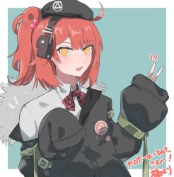 Rule 34 | 1girl, beret, commission, fuku00, girls&#039; frontline, hat, loose clothes, mp7 (girls&#039; frontline), red hair, side ponytail, skeb commission, smile, solo, v, yellow eyes