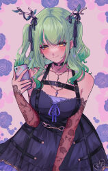 Rule 34 | 1girl, absurdres, antlers, bare shoulders, black choker, black dress, black nails, black ribbon, blush, breasts, cellphone, ceres fauna, ceres fauna (goth), choker, cleavage, detached sleeves, dress, floral background, goth fashion, green hair, hair ribbon, heart, heart choker, highres, hololive, hololive english, horns, jewelry, kokomi (aniesuakkaman), large breasts, looking at phone, medium breasts, mole, mole under eye, nail polish, necklace, official alternate costume, phone, ribbon, short twintails, smartphone, smile, solo, twintails, virtual youtuber, yellow eyes