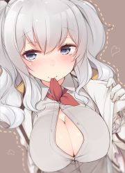 Rule 34 | 10s, 1girl, bad id, bad pixiv id, blurry, blush, breasts, bursting breasts, cleavage, depth of field, dotted line, dress shirt, female focus, gloves, grey eyes, grey hair, heart, jacket, kantai collection, kashima (kancolle), kerchief, large breasts, looking at viewer, military, military uniform, mouth hold, nekoume, open clothes, open jacket, open shirt, paizuri invitation, shirt, sidelocks, smile, solo, uniform, wavy hair, white gloves