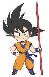 Rule 34 | 1boy, bad id, bad pixiv id, bidarian, black eyes, black hair, boots, chibi, clenched hand, clothes writing, dougi, dragon ball, dragon ball super, dragon ball super broly, dragonball z, frown, full body, hand on own hip, holding, looking at viewer, male focus, ruyi jingu bang, simple background, smile, solo, son goku, spiked hair, standing, thick eyebrows, v-shaped eyebrows, white background, wristband