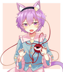 Rule 34 | 1girl, animal ears, black hairband, black ribbon, blouse, blue shirt, blush, border, buttons, cat ears, chieezuik, claw pose, collarbone, commentary request, day, dot nose, eyeball, fang, frilled shirt collar, frills, hair between eyes, hair ornament, hairband, hands up, heart, heart hair ornament, highres, kemonomimi mode, komeiji satori, light blush, long sleeves, looking at viewer, open mouth, pink eyes, pink hair, pink skirt, ribbon, ribbon-trimmed collar, ribbon trim, shirt, short hair, skin fang, skirt, solo, sweatdrop, third eye, touhou, tsurime, upper body, white border, wide sleeves