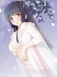 Rule 34 | 1girl, black hair, blush, breasts, dutch angle, enma ai, hand on own chest, hime cut, jigoku shoujo, kozue akari, large breasts, long hair, looking at viewer, naked robe, nipples, open mouth, red eyes, robe, see-through, solo, sparkle