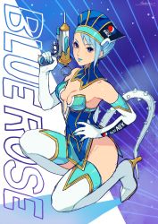 Rule 34 | blue eyes, blue hair, blue lips, blue nails, blue rose (tiger &amp; bunny), blue thighhighs, boots, breasts, bright pupils, cleavage, copyright name, detached collar, dress, earrings, elbow gloves, from side, gloves, gun, hand on own hip, hat, high heel boots, high heels, highres, holding, holding gun, holding weapon, jewelry, karina lyle, kotatsu (g-rough), lipstick, looking at viewer, makeup, medium breasts, nail polish, nails visible through gloves, on one knee, parted lips, pepsi, short dress, short hair, signature, smile, solo, strapless, strapless dress, syringe, syringe gun, thigh boots, thighhighs, tiger &amp; bunny, trigger discipline, weapon, white gloves, white pupils, white thighhighs