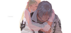 Rule 34 | 1boy, 1girl, arms around neck, blonde hair, clenched teeth, closed eyes, clothing cutout, coat, collarbone, crying, dress, emmmerald, english text, final fantasy, final fantasy xiv, furrowed brow, grey choker, grey hair, hair ribbon, hug, hug from behind, hyur, long hair, long sleeves, parted lips, puffy long sleeves, puffy sleeves, ribbon, ryne waters, short hair, shoulder cutout, simple background, swept bangs, tears, teeth, thancred waters, transparent, upper body, white background, white coat, white dress
