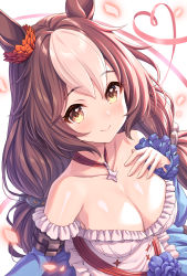Rule 34 | 1girl, animal ears, bare shoulders, blue flower, blue sleeves, breasts, brown eyes, brown hair, cleavage, closed mouth, collarbone, commentary request, confetti, detached sleeves, flower, frills, hair between eyes, hand up, highres, horse ears, long hair, long sleeves, medium breasts, multicolored hair, red ribbon, ribbon, simple background, sleeves past wrists, smile, solo, tomo (tmtm mf mf), two-tone hair, umamusume, upper body, very long hair, white background, white hair, yamanin zephyr (umamusume)