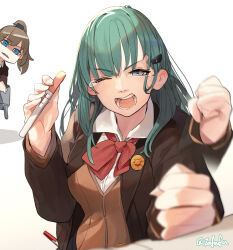 Rule 34 | 2girls, blue eyes, brown cardigan, brown hair, brown jacket, cardigan, clenched hand, collared shirt, crying, crying with eyes open, fuwafuwatoufu, green eyes, green hair, hair ornament, hairclip, highres, holding, jacket, kantai collection, kumano (kancolle), kumano kai ni (kancolle), long hair, long sleeves, multiple girls, neck ribbon, one eye closed, open clothes, open jacket, open mouth, pregnancy test, red ribbon, ribbon, shirt, signature, simple background, suzuya (kancolle), suzuya kai ni (kancolle), tears, twitter username, white background, white shirt