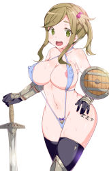 Rule 34 | 1girl, areola slip, armor, bikini armor, black thighhighs, blush, breasts, covered erect nipples, fang, female pubic hair, gauntlets, green eyes, hair bobbles, hair ornament, inuyama aoi, large breasts, long hair, navel, pubic hair, pubic hair peek, shield, shiny skin, side ponytail, slingshot swimsuit, solo, swept bangs, swimsuit, sword, tanaka deshirittoru, thick eyebrows, thighhighs, weapon, yurucamp