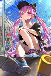 Rule 34 | 1girl, bare legs, black hat, black shirt, blue hair, blue nails, breasts, chain-link fence, cleavage, colored inner hair, fence, graffiti, hair tie, hand on own chin, hand on own knee, hat, highres, hololive, knee up, long hair, looking at viewer, minato aqua, multicolored hair, nail polish, neko (minato aqua), pink eyes, pink hair, shirt, shoes, sitting, solo, summer tail720, twintails, two-tone hair, very long hair, virtual youtuber