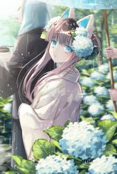 Rule 34 | 1girl, animal ears, blue eyes, blue flower, blue umbrella, brown hair, closed mouth, commentary request, day, double bun, facing away, fake animal ears, fingernails, flower, fox mask, hair between eyes, hair bun, hair flower, hair ornament, head tilt, highres, holding, holding umbrella, hydrangea, japanese clothes, kimono, lantern, long hair, long sleeves, looking at viewer, looking to the side, mask, nail polish, original, outdoors, paper lantern, rain, side bun, single side bun, solo focus, standing, transparent, transparent umbrella, umbrella, very long hair, water, white kimono, white nails, yumeichigo alice
